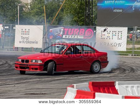 Cracow, Poland - May 18, 2019: Drift Car In Action  At 5th Edition Of Moto Show In Cracow. Poland.