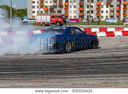 Cracow, Poland - May 18, 2019: Drift Car In Action  At 5th Edition Of Moto Show In Cracow. Poland.
