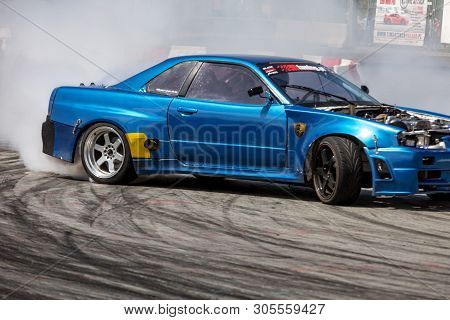 Cracow, Poland - May 18, 2019: Drift Car In Action  At 5th Edition Of Moto Show In Cracow. Poland.