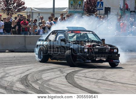 Cracow, Poland - May 18, 2019: Drift Car In Action  At 5th Edition Of Moto Show In Cracow. Poland.