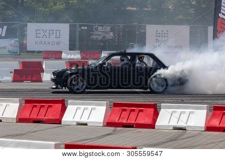 Cracow, Poland - May 18, 2019: Drift Car In Action  At 5th Edition Of Moto Show In Cracow. Poland.