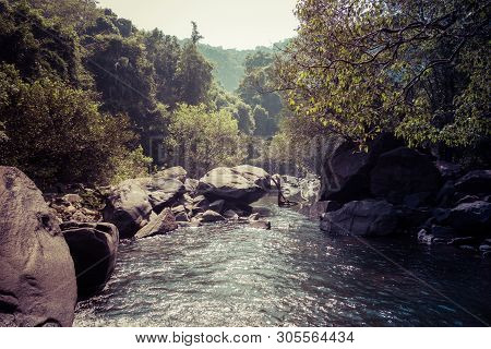Landscape Of The Mountain River Mandovi At The Dudhsagar Waterfall