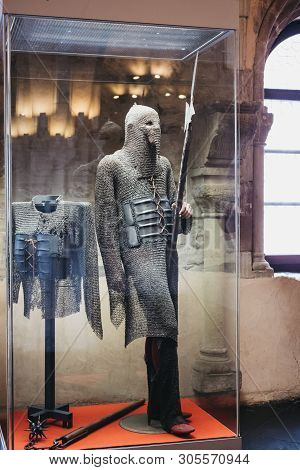 Vianden, Luxembourg - May 18, 2019: Chainmail Suit On Display Inside Vianden Castle, Luxembourg, One