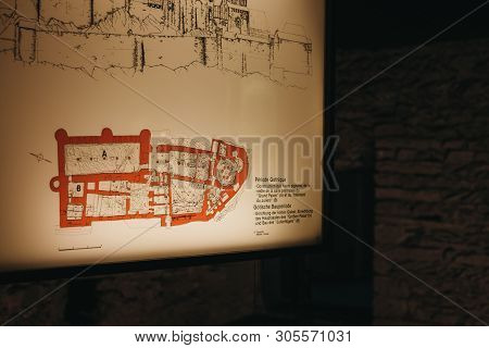Vianden, Luxembourg - May 18, 2019: Display Of Historic Map Of Vianden Castle, Luxembourg, One Of Th