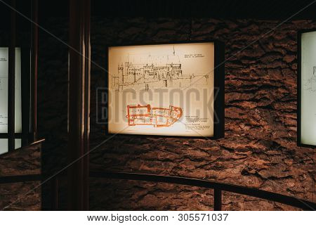 Vianden, Luxembourg - May 18, 2019: Display Of Historic Map Of Vianden Castle, Luxembourg, One Of Th