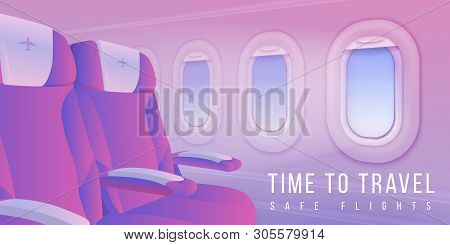 Airplane Windows Banner. Aircraft Interior Travel Poster, Summertime Sky In Plane Porthole, Passenge