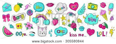 Doodle 90s Stickers. Pop Art Fashion Comic Badges, Trendy Cartoon 80s Kawaii Icons. Vector Lol Rainb