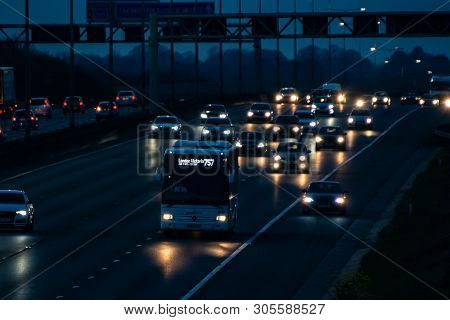 Redbourn, Uk - April 19, 2019: Evening Traffic On Longest British Morotway M1