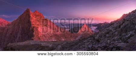 Mountains Landscape With Inversion In The Valley At Sunset As Seen From Rysy Peak In High Tatras, Sl