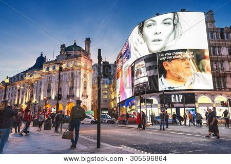 London, United Kingdom - May 13, 2019: Famous Piccadilly Circus Square. Neon Signage Shines At Night