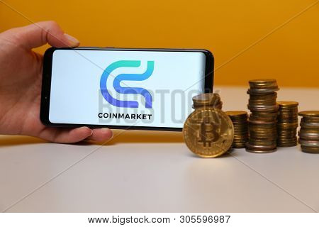 Tula, Russia - May 12 , 2019: Coinmarket On Phone Display.