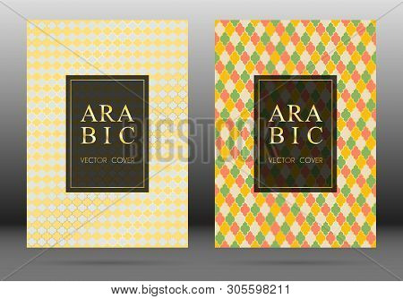Ottoman Pattern Vector Cover Page Layout Design Collection In Arabic Style Mosaic In Gold Grid. Isla