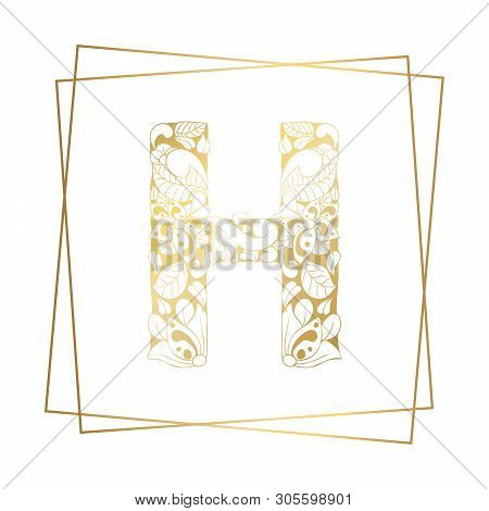 Golden And White Floral Ornamental Alphabet, Initial Letter H Font With Modern Stylized Frames. Abst