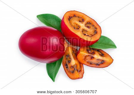 Fresh Tamarillo Fruit With Leaves Isolated On White Background. Top View. Flat Lay