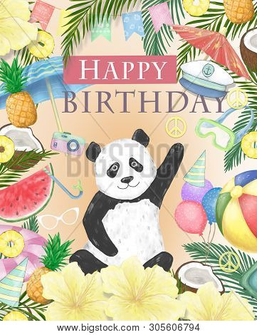 Happy Birthday Card Design With Cute Panda Watercolor Isolated Cute Colorful Bear Clipart. Ilustrati
