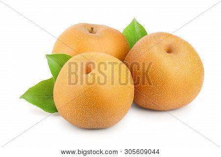 Fresh Asian Pear With Leaf Isolated On White Background