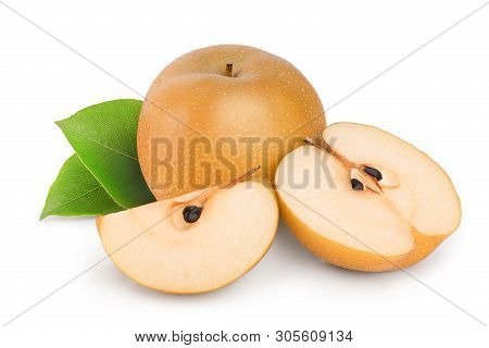Fresh Asian Pear With Leaf Isolated On White Background