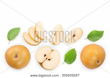 Fresh Asian Pear With Leaves Isolated On White Background With Copy Space For Your Text. Top View. F