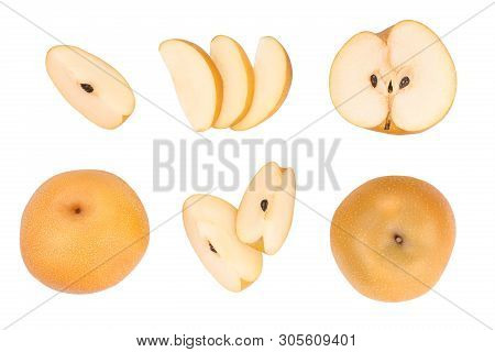 Fresh Asian Pear Isolated On White Background. Top View. Flat Lay. Set Or Collection
