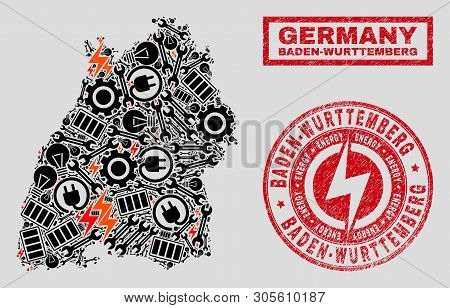 Composition Of Mosaic Power Supply Baden-wurttemberg Land Map And Grunge Watermarks. Mosaic Vector B