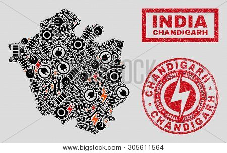 Composition Of Mosaic Power Supply Chandigarh City Map And Grunge Seals. Mosaic Vector Chandigarh Ci