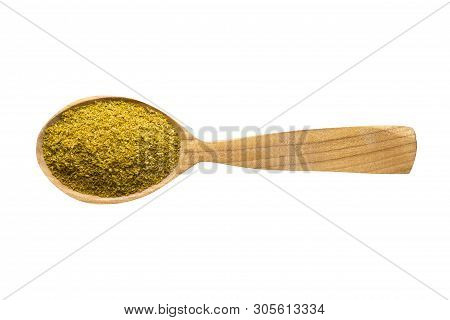 Khmeli Suneli For Adding To Food. Spice In Wooden Spoon Isolated On White. Seasoning Of Delicious Me