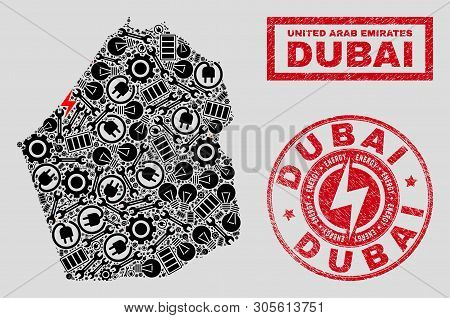 Composition Of Mosaic Power Supply Dubai Emirate Map And Grunge Stamp Seals. Mosaic Vector Dubai Emi