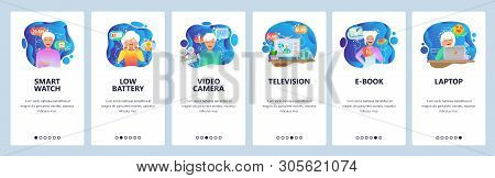 Mobile App Onboarding Screens. Smart Watch, Mobile Technology, Low Battery, Video Camera And Tv Set.