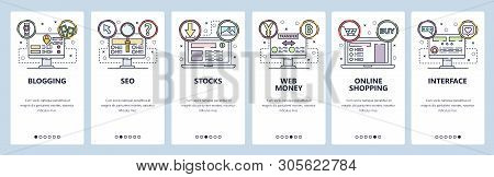 Mobile App Onboarding Screens. Seo And Digital Marketing, Online Shopping, Web Money. Menu Vector Ba