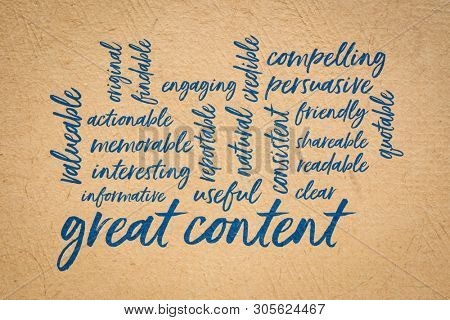 great content word cloud - handwirting on a handmade bark paper