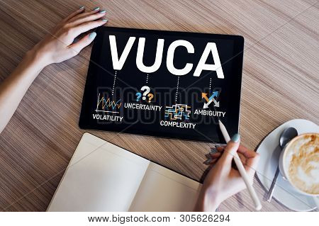 Vuca World Concept On Screen. Volatility, Uncertainty, Complexity, Ambiguity.