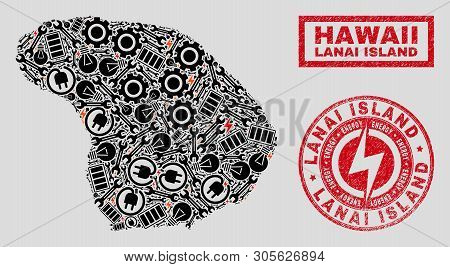 Composition Of Mosaic Power Supply Lanai Island Map And Grunge Seals. Mosaic Vector Lanai Island Map
