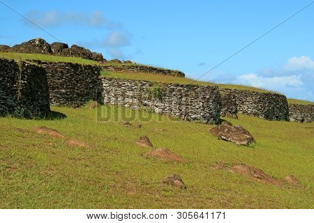 The Remains Of Stone Houses At Orongo Village, Archaeological Site Of Ceremonial Center On Easter Is