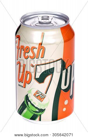 Novyy Urengoy, Russia - June 8, 2019: Aluminium Can Of The 7up 1950s Edition Isolated Over White Bac