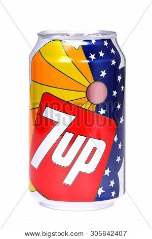 Novyy Urengoy, Russia - June 8, 2019: Aluminium Can Of The 7up 1960s Edition Isolated Over White Bac