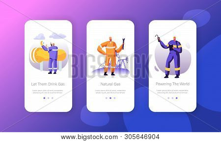 Gas Industry Mobile App Page Onboard Screen Set, Gasman Engineering Pipe, Mechanic Adjusting Facilit