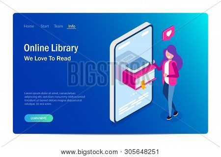 Online Library Concept. Books In Your Phone Or Tablet. Young Girl Love To Read. Can Use For Web Bann