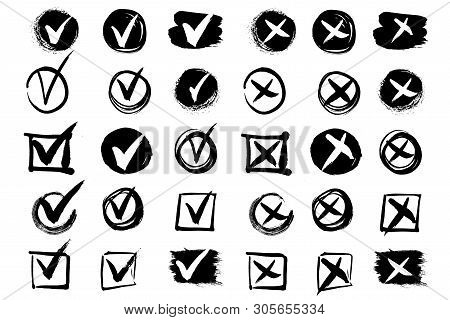 Tick And Cross Paint Stock Image. Vector Background Isolated On White Background. Paint And Ink Stro