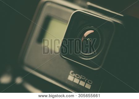 Bucharest, Romania - November 16, 2019: Close Up Shot Of A Small Gopro Action Camera.