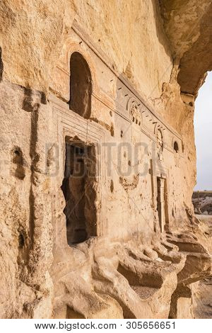 Entrance to the ancient Cavusin fortress and church Vaftizci Yahya, Saint John the Baptist in Cappadocia, Turkey