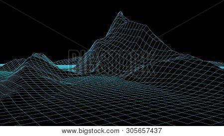 Vector Wireframe 3D Landscape. Technology Grid Illustration.