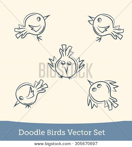 Doodle Bird Set Isolated On White Background. Vector
