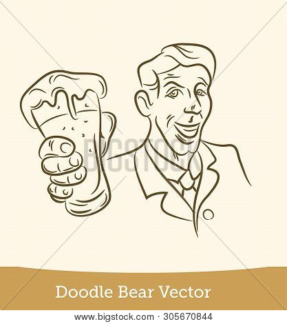 Doodle Man With A Beer Isolated On White Background. Vector