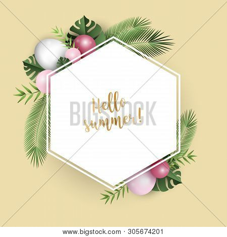 Festive Frame With Balloons And Tropical Leaves, Illustration