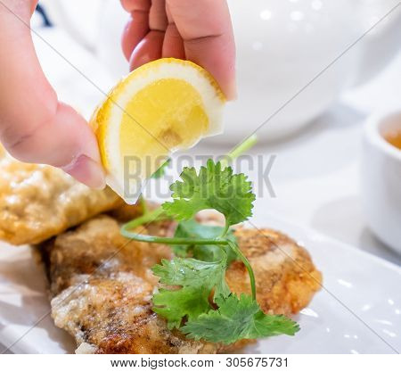 Delicious Dim Sum, Famous Cantonese Food In Asia - Fried Fish And Dumplings With Lemon, Sauce And Te