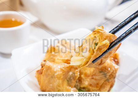 Delicious Dim Sum, Famous Cantonese Food In Asia - Fried Bean Curd (tofu Skin) Rolls With Shrimp And
