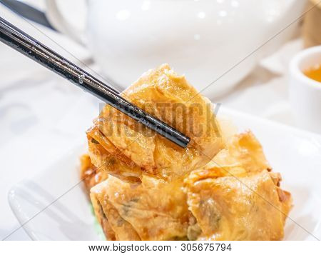 Delicious Dim Sum, Famous Cantonese Food In Asia - Fried Bean Curd (tofu Skin) Rolls With Shrimp And