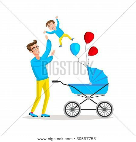 Man Carrying Young Boy. Smiling Dad Holding Son. Joyful Father Playing With His Little Kid. Happy Fa
