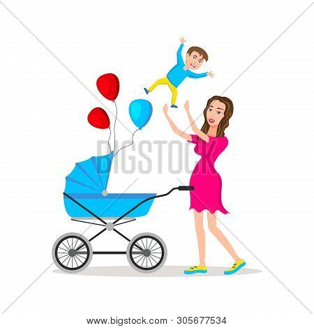 Mom Carrying Young Boy. Smiling Mother Holding Son. Joyful Woman Playing With His Little Kid. Happy