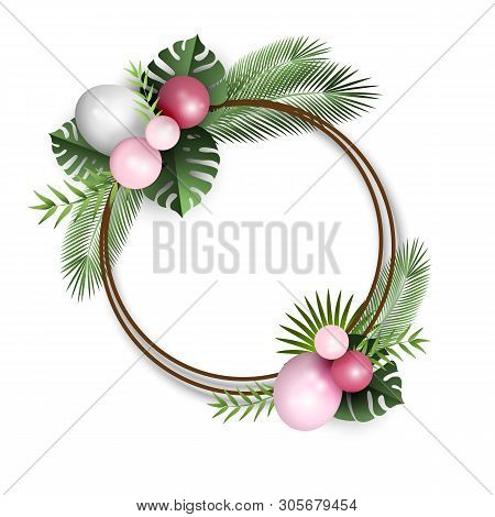 Festive Frame With Balloons And Tropical Leaves, Illustration